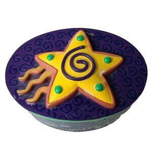 VTG Bright Star Designs Blue Yellow 3D Star Lid Footed Jewelry Trinket Box Retro